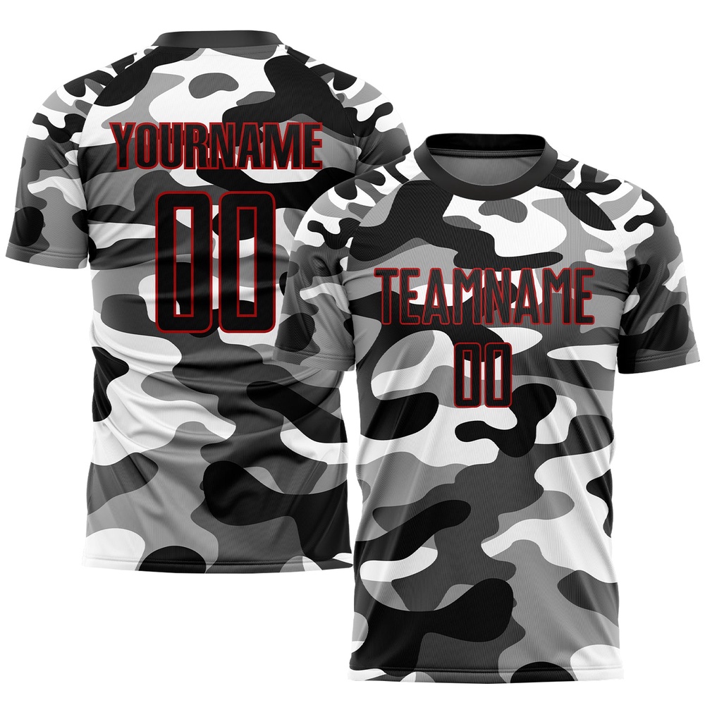 Camo Black Red Sublimation Salute To Service Soccer Uniform Jersey, Custom Team Soccer Jersey Shirt Camo Black Red Sublimation Salute To Service Soccer Uniform Jersey, Custom Team Soccer Jersey Shirt