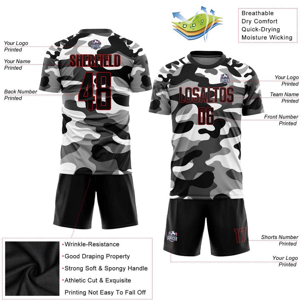 Camo Black Red Sublimation Salute To Service Soccer Uniform Jersey, Custom Team Soccer Jersey Shirt Camo Black Red Sublimation Salute To Service Soccer Uniform Jersey, Custom Team Soccer Jersey Shirt