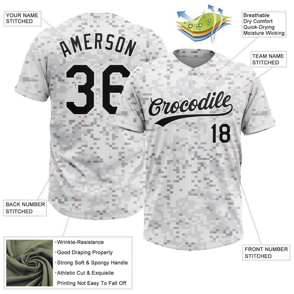 Camo Black White 3D Arctic Camouflage Two Button Unisex Softball Jersey, Custom Team Softball Jersey Camo Black White 3D Arctic Camouflage Two Button Unisex Softball Jersey, Custom Team Softball Jersey