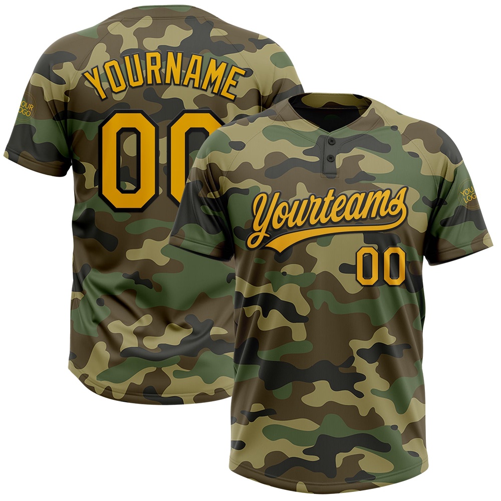 Camo Gold Black Salute To Service Two Button Unisex Softball Jersey, Custom Team Softball Jersey