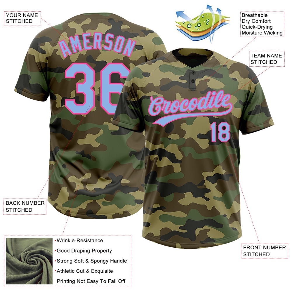 Camo Light Blue Pink Salute To Service Two Button Unisex Softball Jersey, Custom Team Softball Jersey