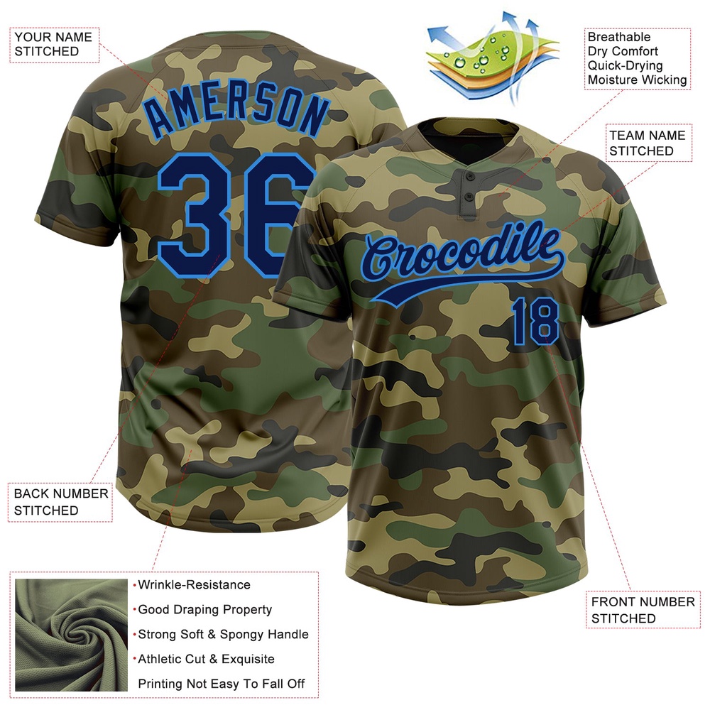 Camo Navy Electric Blue Salute To Service Two Button Unisex Softball Jersey, Custom Team Softball Jersey