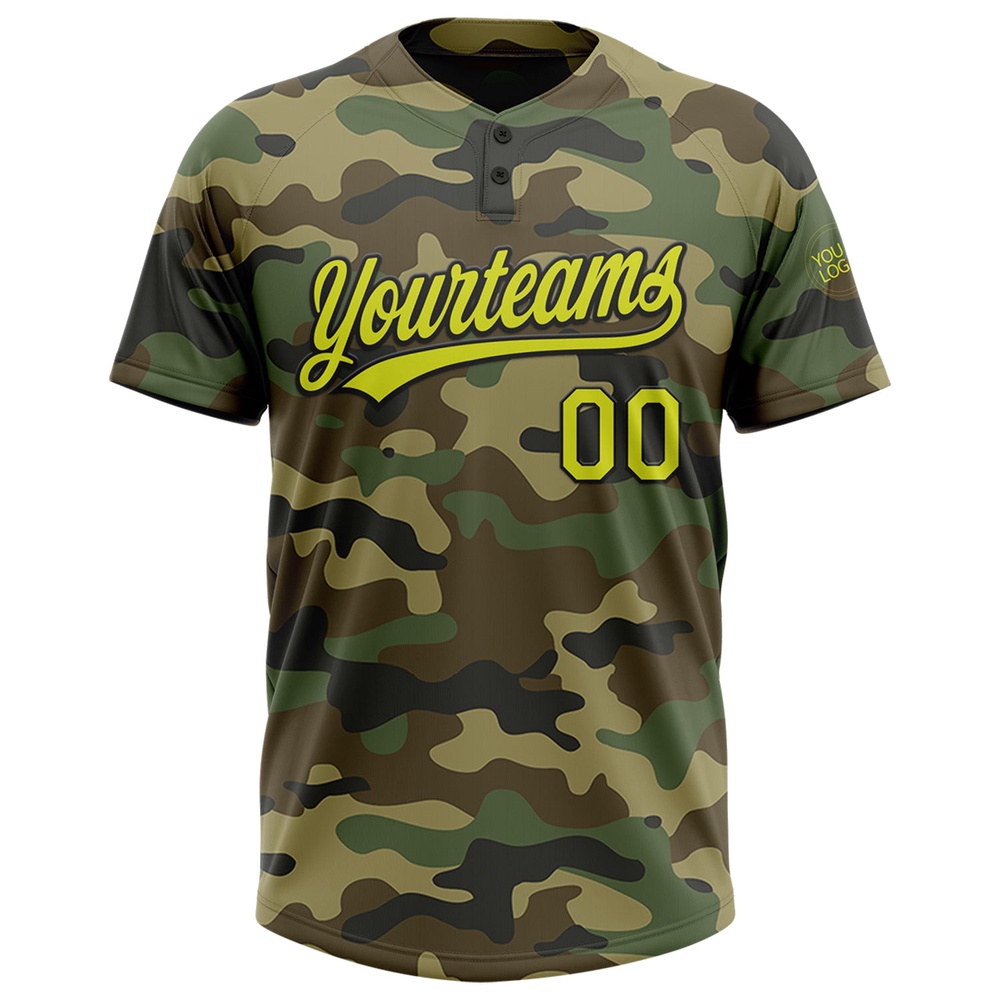 Camo Neon Yellow Black Salute To Service Two Button Unisex Softball Jersey, Custom Team Softball Jersey