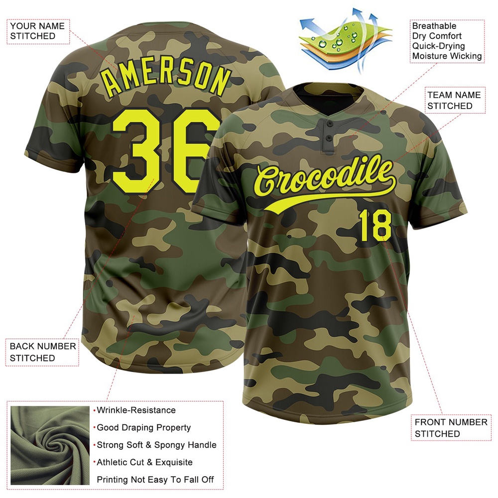 Camo Neon Yellow Black Salute To Service Two Button Unisex Softball Jersey, Custom Team Softball Jersey