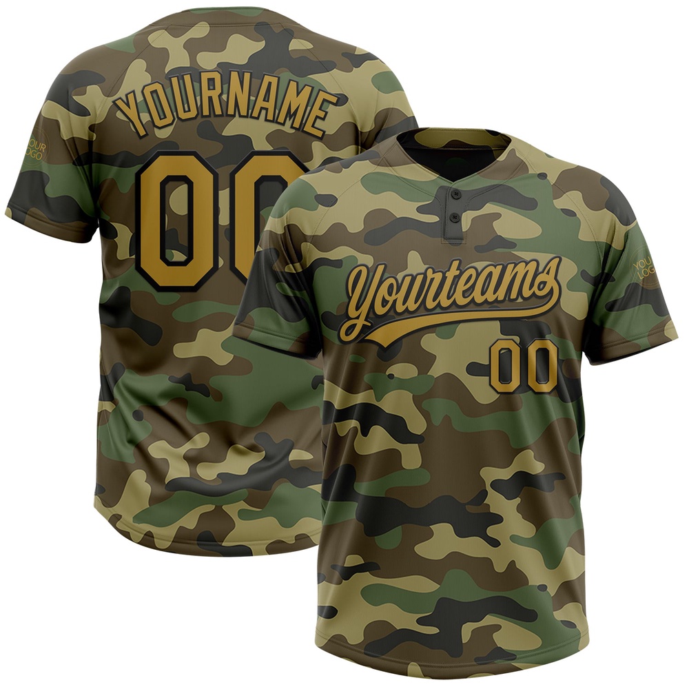 Camo Old Gold Black Salute To Service Two Button Unisex Softball Jersey, Custom Team Softball Jersey