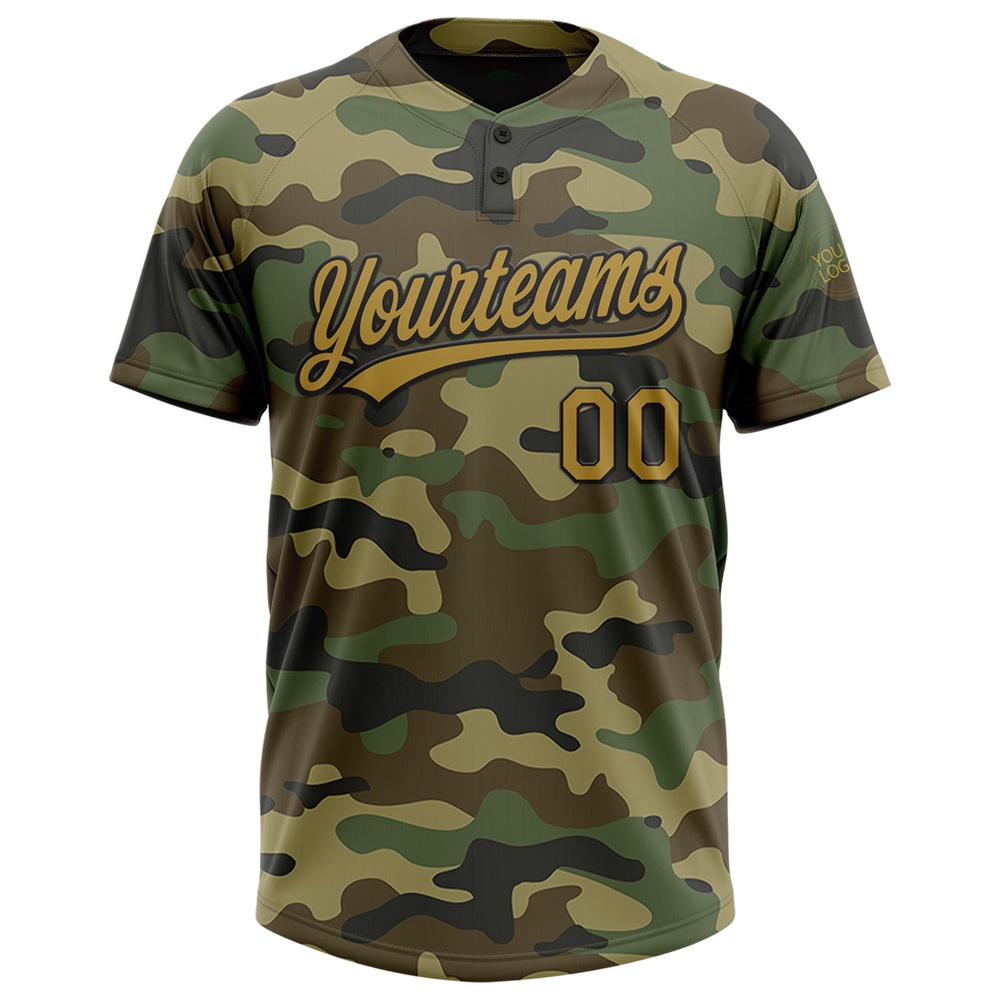 Camo Old Gold Black Salute To Service Two Button Unisex Softball Jersey, Custom Team Softball Jersey