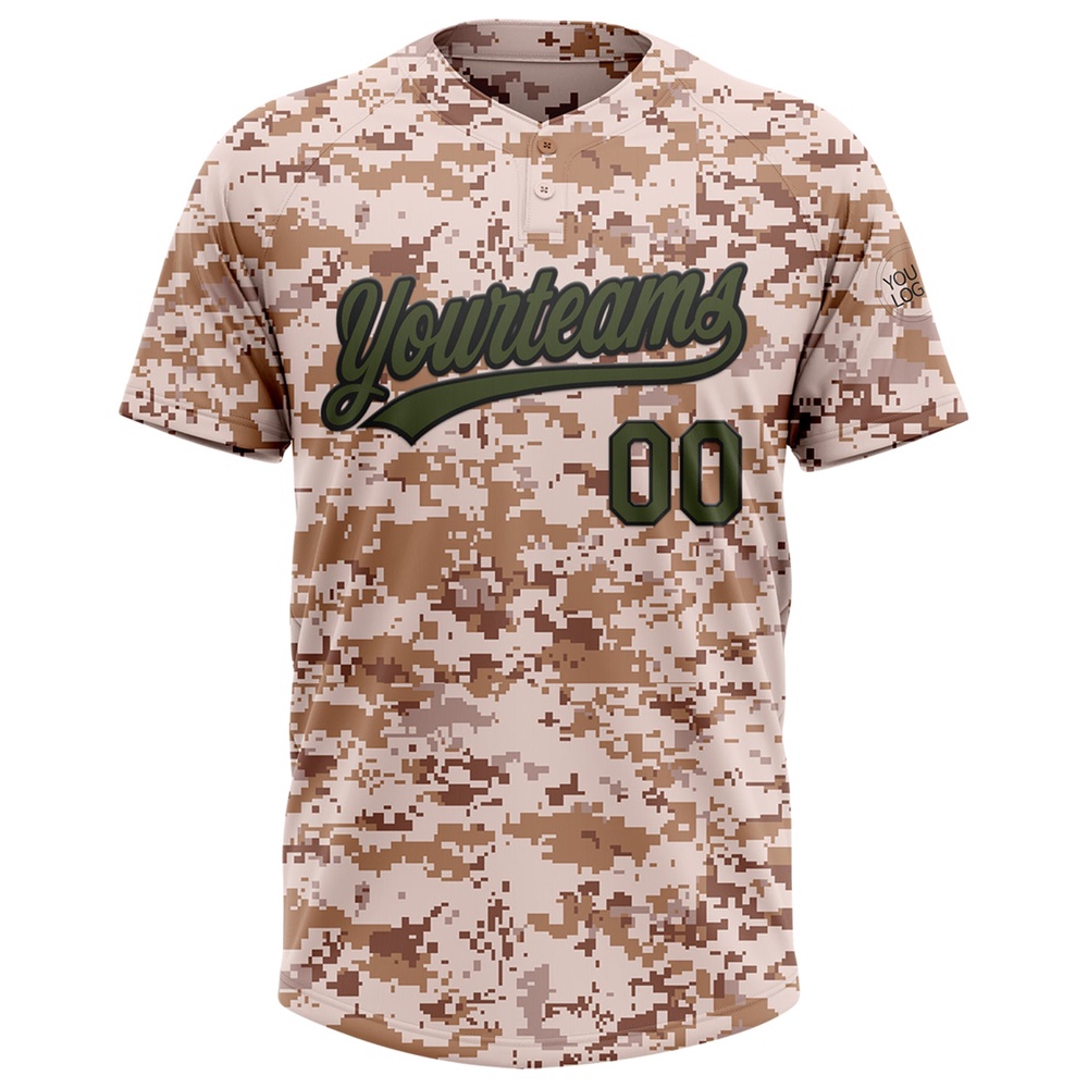 Camo Olive Black Salute To Service Two Button Unisex Softball Jersey, Custom Team Softball Jersey