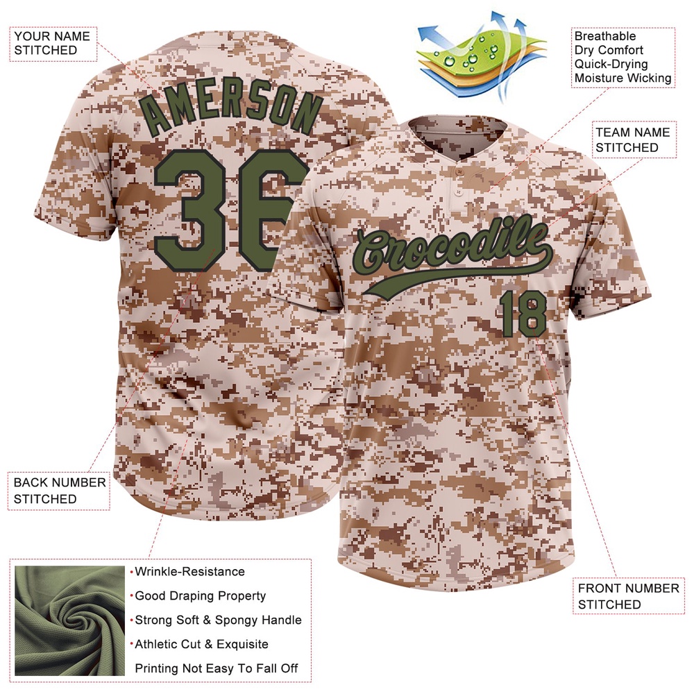 Camo Olive Black Salute To Service Two Button Unisex Softball Jersey, Custom Team Softball Jersey
