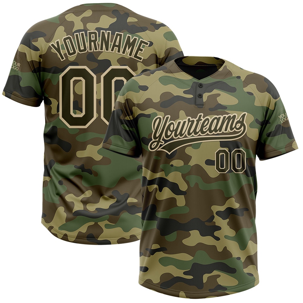Camo Olive Cream Salute To Service Two Button Unisex Softball Jersey, Custom Team Softball Jersey Camo Olive Cream Salute To Service Two Button Unisex Softball Jersey, Custom Team Softball Jersey