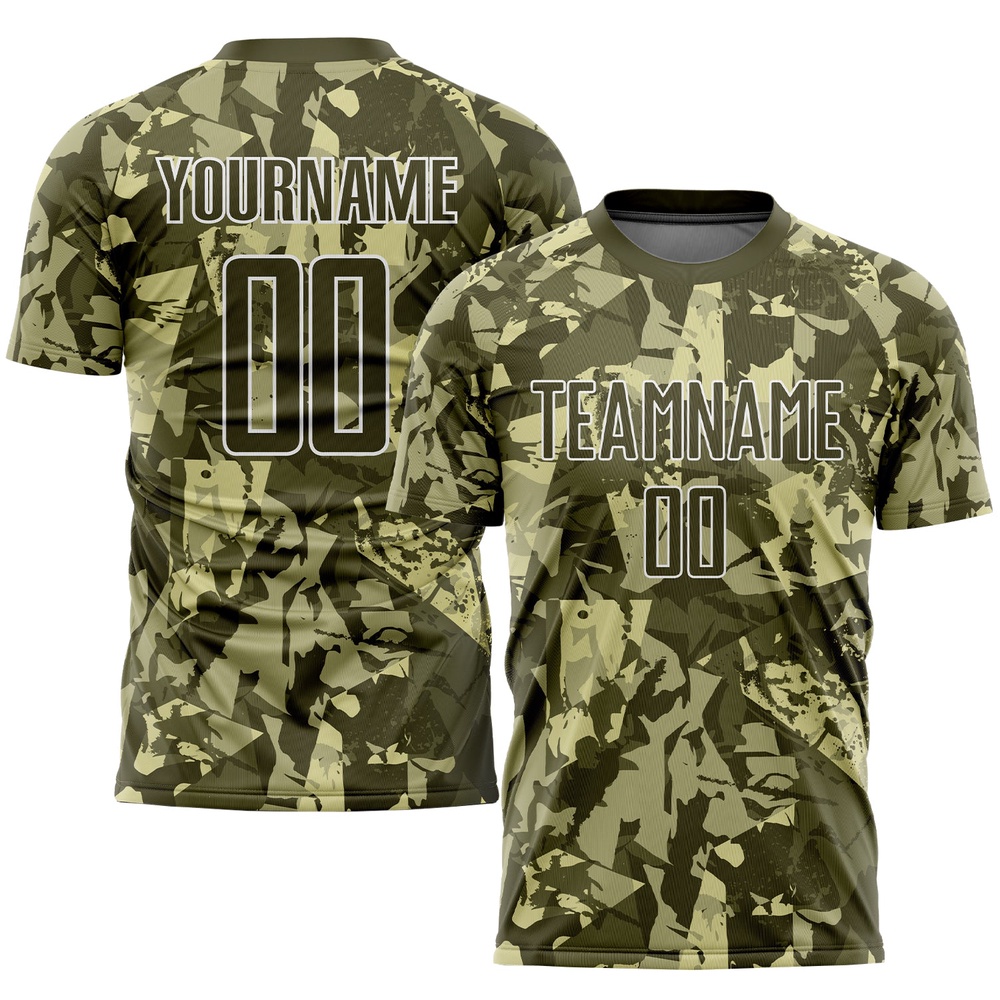Camo Olive White Sublimation Salute To Service Soccer Uniform Jersey, Custom Team Soccer Jersey Shirt Camo Olive White Sublimation Salute To Service Soccer Uniform Jersey, Custom Team Soccer Jersey Shirt