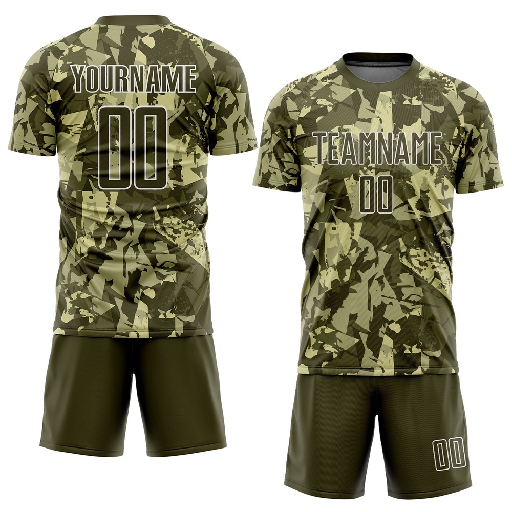 Camo Olive White Sublimation Salute To Service Soccer Uniform Jersey, Custom Team Soccer Jersey Shirt Camo Olive White Sublimation Salute To Service Soccer Uniform Jersey, Custom Team Soccer Jersey Shirt