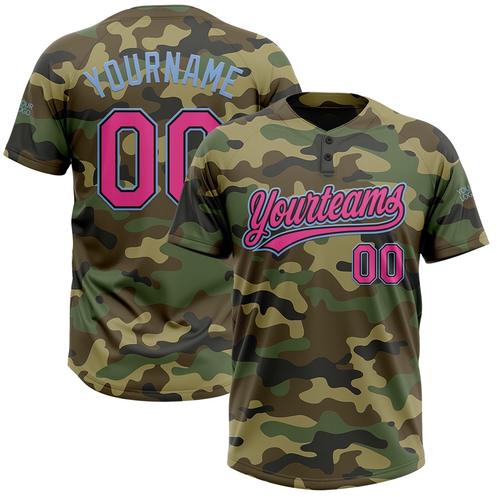Camo Pink Black Light Blue Salute To Service Two Button Unisex Softball Jersey, Custom Team Softball Jersey Camo Pink Black Light Blue Salute To Service Two Button Unisex Softball Jersey, Custom Team Softball Jersey