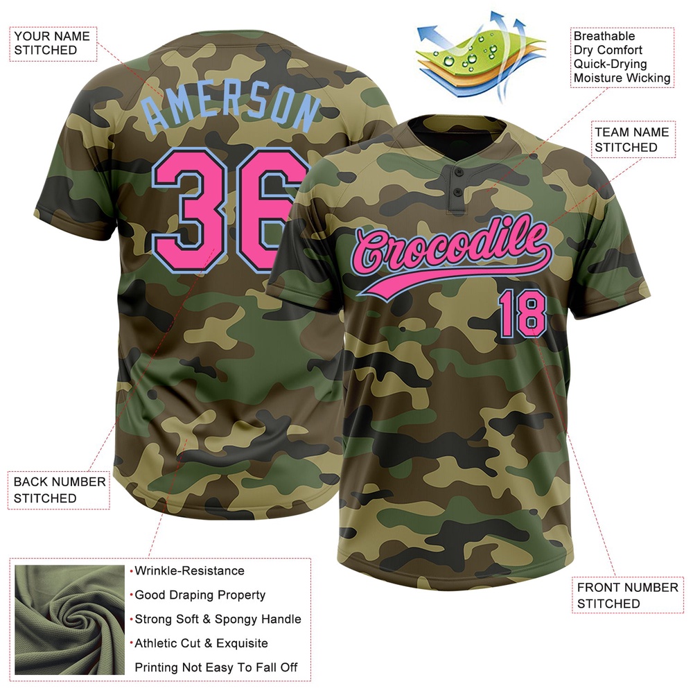 Camo Pink Black Light Blue Salute To Service Two Button Unisex Softball Jersey, Custom Team Softball Jersey Camo Pink Black Light Blue Salute To Service Two Button Unisex Softball Jersey, Custom Team Softball Jersey