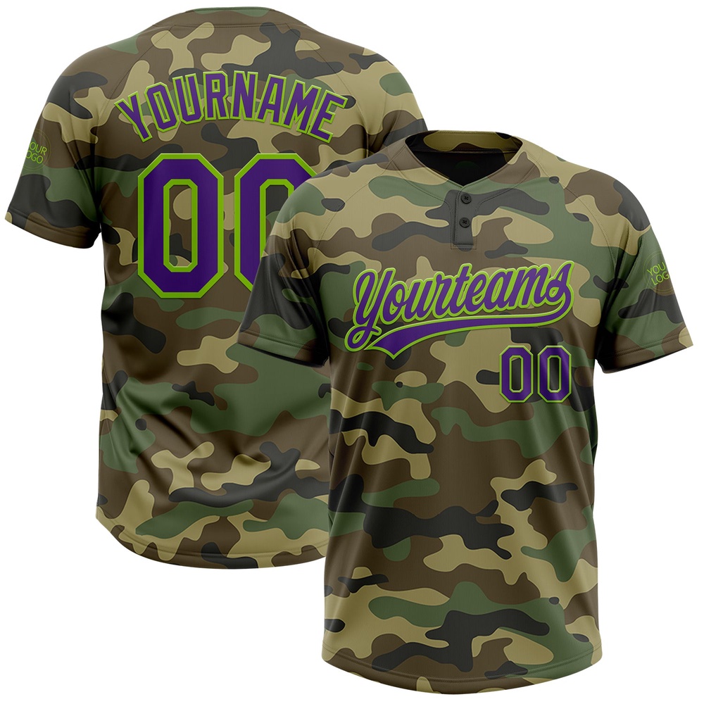 Camo Purple Neon Green Salute To Service Two Button Unisex Softball Jersey, Custom Team Softball Jersey Camo Purple Neon Green Salute To Service Two Button Unisex Softball Jersey, Custom Team Softball Jersey