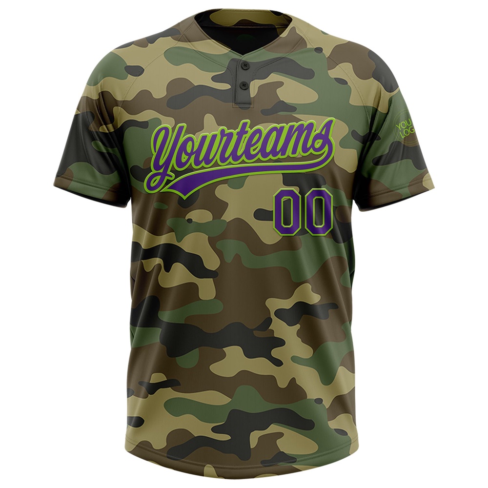 Camo Purple Neon Green Salute To Service Two Button Unisex Softball Jersey, Custom Team Softball Jersey Camo Purple Neon Green Salute To Service Two Button Unisex Softball Jersey, Custom Team Softball Jersey