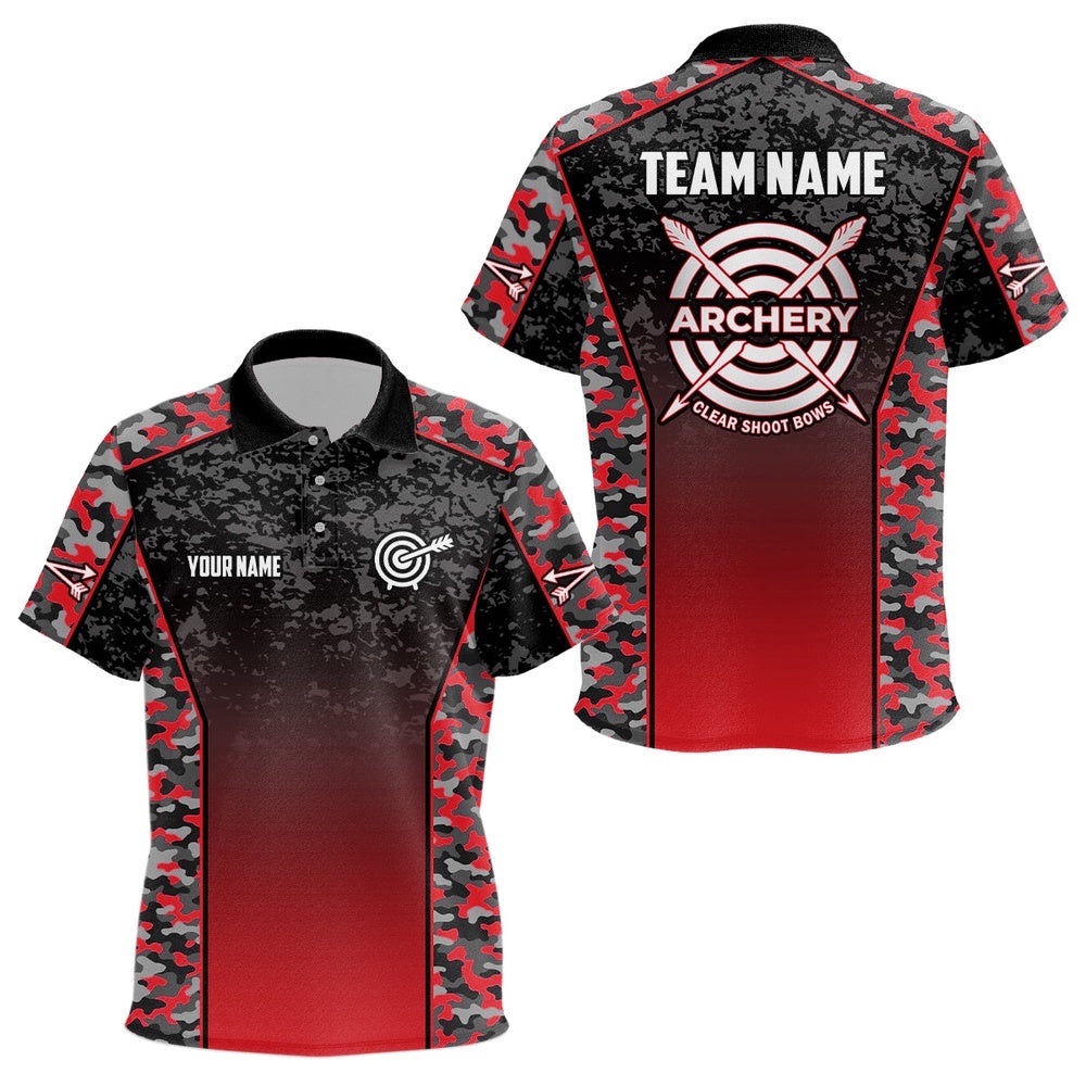 Camo Red Archery Polo Shirts Custom Archery Polos Archery Team Shirts, Custom Archery Team Polo Shirt