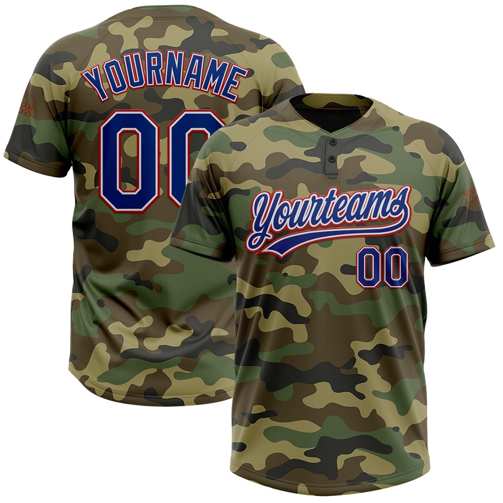 Camo Royal Red Salute To Service Two Button Unisex Softball Jersey, Custom Team Softball Jersey