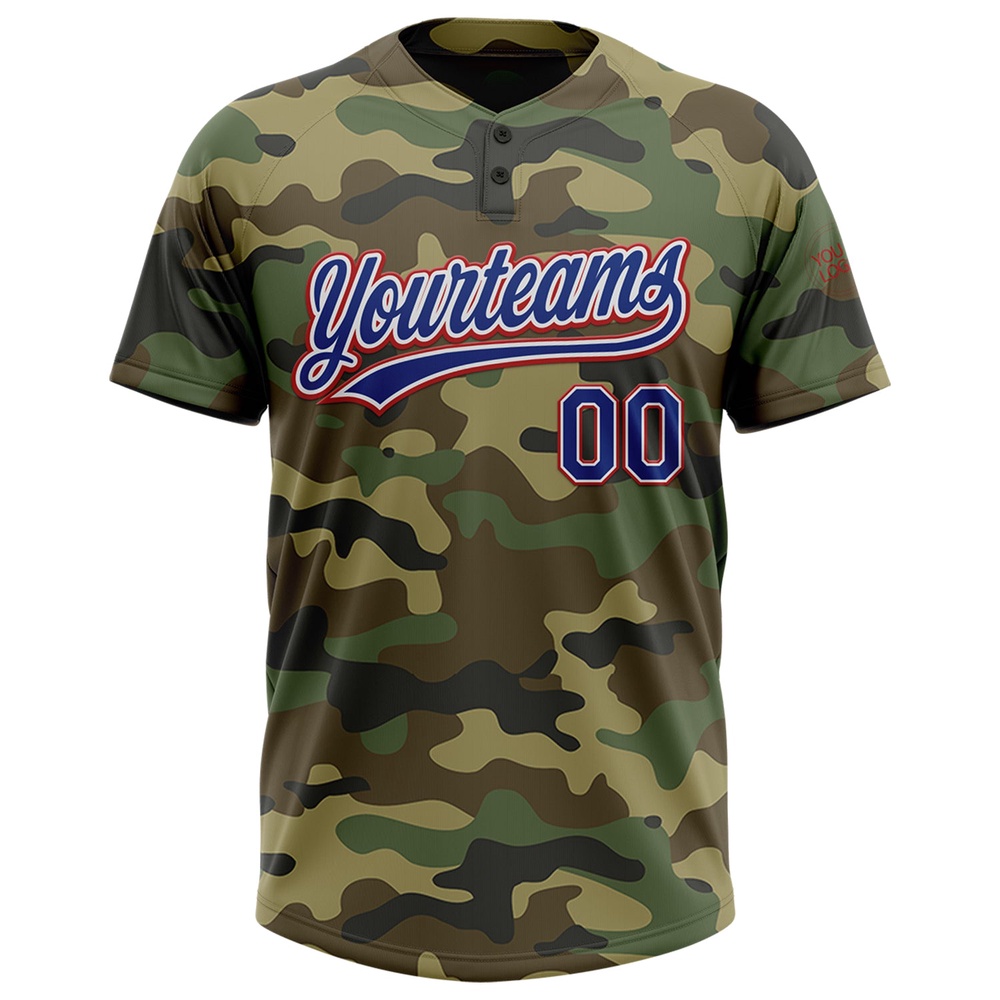 Camo Royal Red Salute To Service Two Button Unisex Softball Jersey, Custom Team Softball Jersey