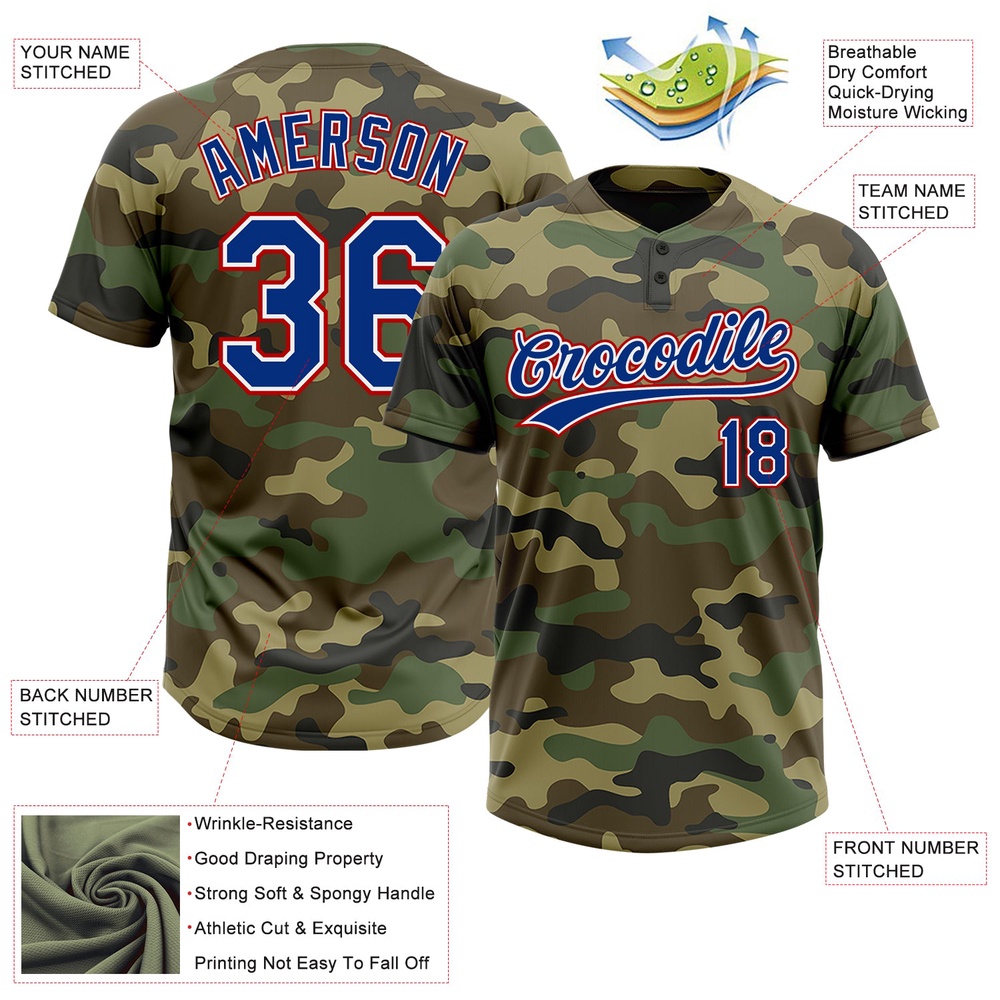 Camo Royal Red Salute To Service Two Button Unisex Softball Jersey, Custom Team Softball Jersey