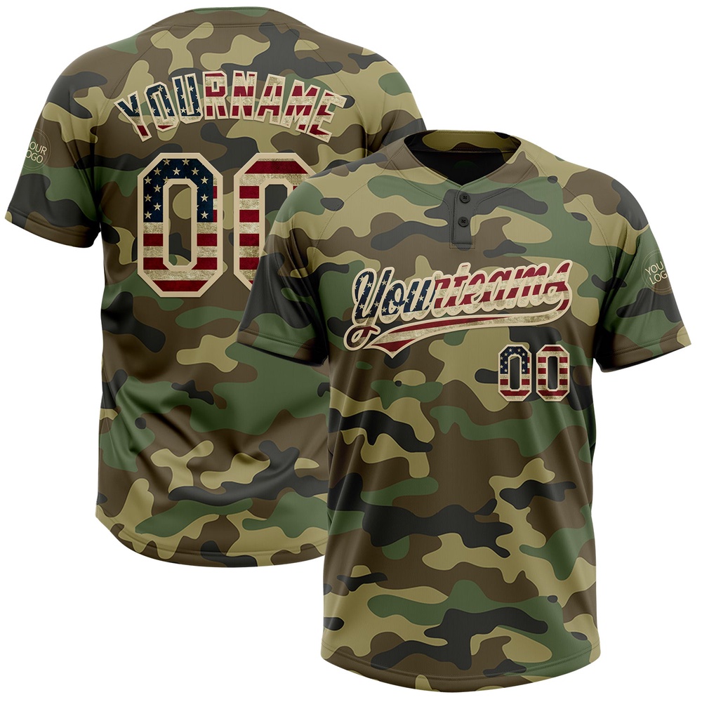 Camo Vintage USA Flag Cream Salute To Service Two Button Unisex Softball Jersey, Custom Team Softball Jersey Camo Vintage USA Flag Cream Salute To Service Two Button Unisex Softball Jersey, Custom Team Softball Jersey