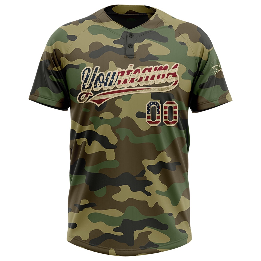 Camo Vintage USA Flag Cream Salute To Service Two Button Unisex Softball Jersey, Custom Team Softball Jersey Camo Vintage USA Flag Cream Salute To Service Two Button Unisex Softball Jersey, Custom Team Softball Jersey