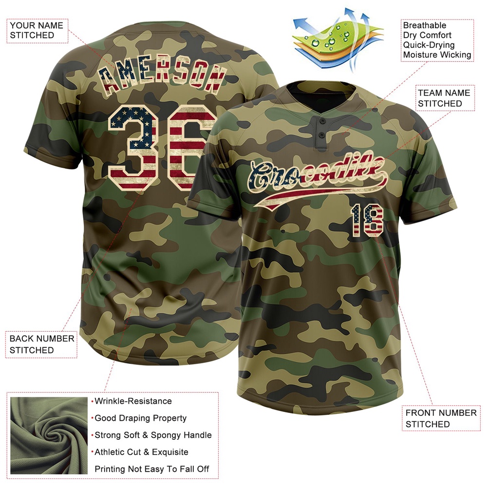Camo Vintage USA Flag Cream Salute To Service Two Button Unisex Softball Jersey, Custom Team Softball Jersey Camo Vintage USA Flag Cream Salute To Service Two Button Unisex Softball Jersey, Custom Team Softball Jersey