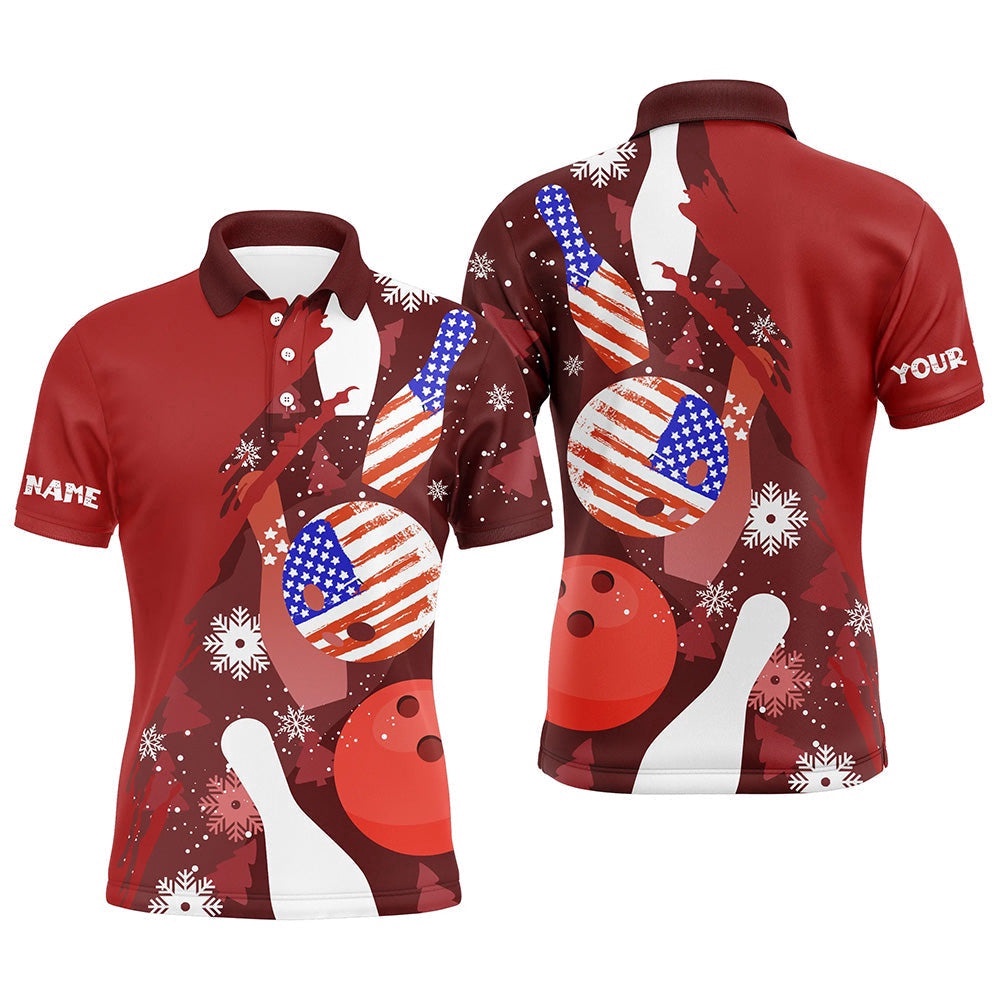 Christmas American Flag Bowling Polo Shirts For Men Custom Red Bowling Team Polo Shirt, Personalized Bowling Team Shirt Christmas American Flag Bowling Polo Shirts For Men Custom Red Bowling Team Polo Shirt, Personalized Bowling Team Shirt