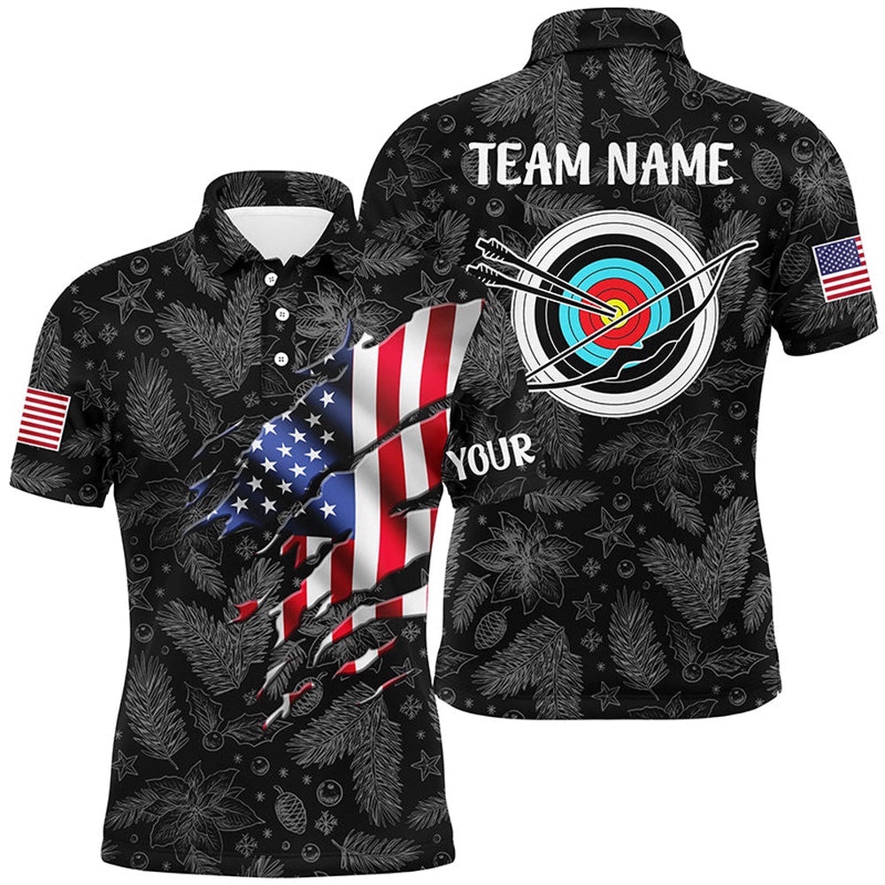 Christmas USA Flag Archery Men Polo Shirts Custom Merry Christmas Shirts For Archer, Custom Archery Team Polo Shirt