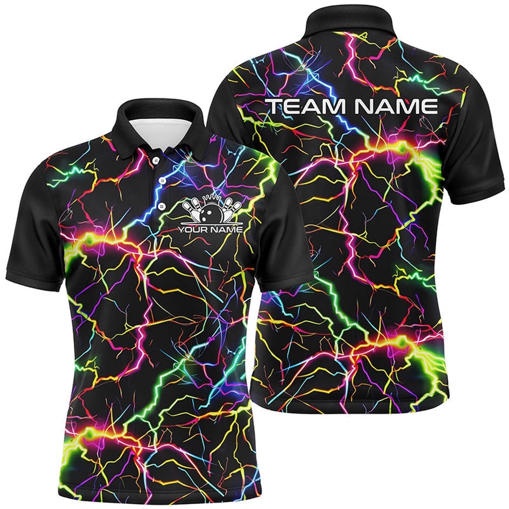 Colorful Lightning Custom Bowling Polo Shirts For Men, Rainbow Colors Outfit Bowling, Personalized Bowling Team Shirt Colorful Lightning Custom Bowling Polo Shirts For Men, Rainbow Colors Outfit Bowling, Personalized Bowling Team Shirt