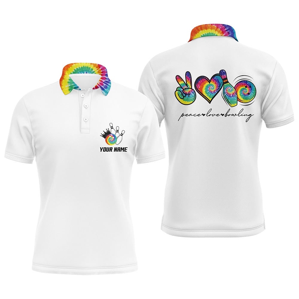 Colorful Tie Dye Peace Love Bowling Custom White Bowling Polo Shirts For Men, Team Bowling Shirts, Personalized Bowling Team Shirt Colorful Tie Dye Peace Love Bowling Custom White Bowling Polo Shirts For Men, Team Bowling Shirts, Personalized Bowling Team Shirt