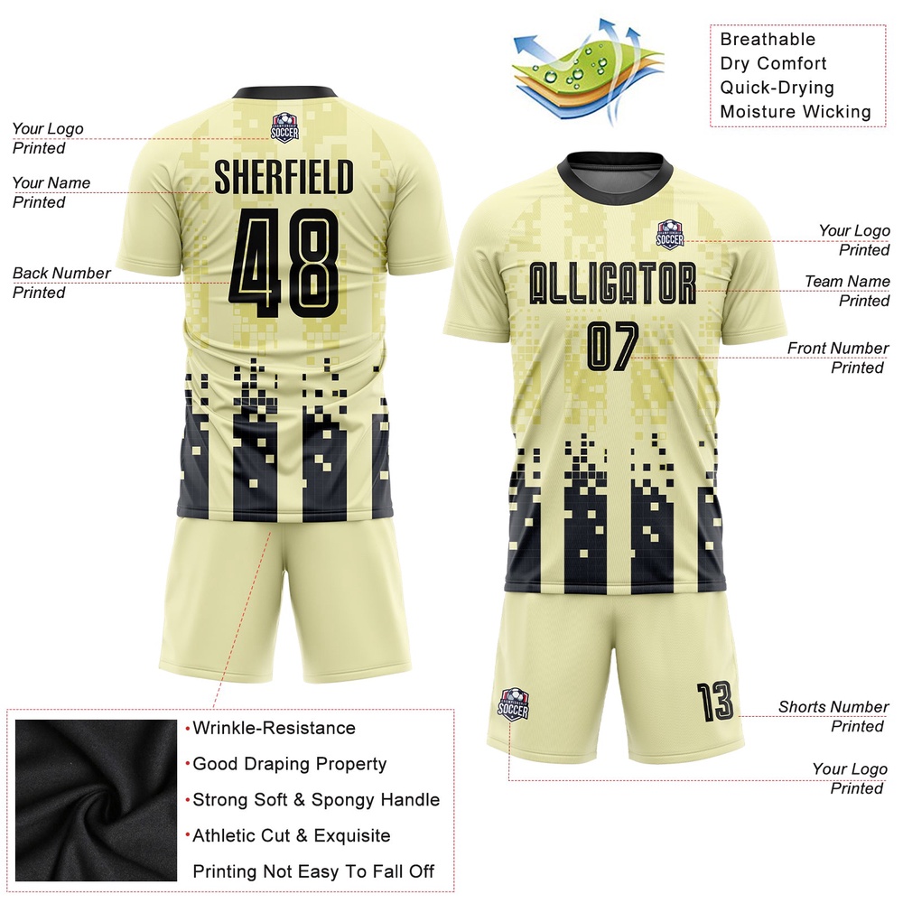 Cream Black Home Sublimation Soccer Uniform Jersey, Custom Team Soccer Jersey Shirt