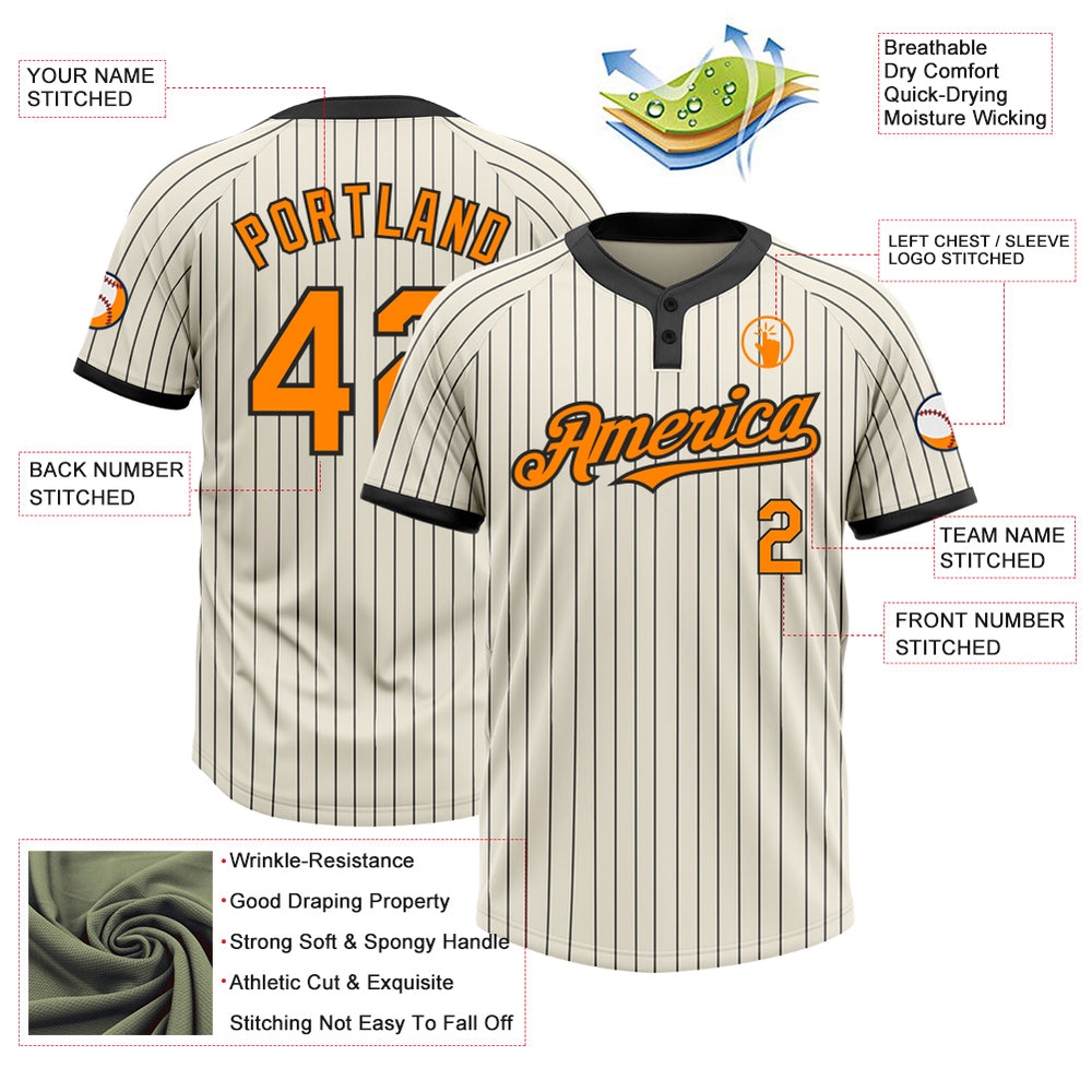 Cream Black Pinstripe Bay Orange Two Button Unisex Softball Jersey, Custom Team Softball Jersey Cream Black Pinstripe Bay Orange Two Button Unisex Softball Jersey, Custom Team Softball Jersey