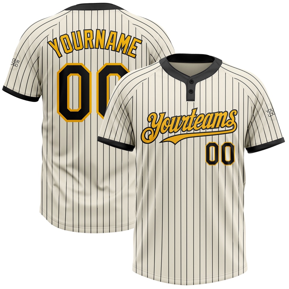 Cream Black Pinstripe Gold Two Button Unisex Softball Jersey, Custom Team Softball Jersey Cream Black Pinstripe Gold Two Button Unisex Softball Jersey, Custom Team Softball Jersey