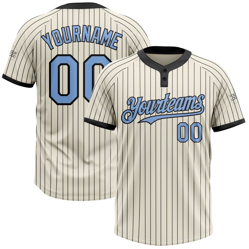 Cream Black Pinstripe Light Blue Two Button Unisex Softball Jersey, Custom Team Softball Jersey Cream Black Pinstripe Light Blue Two Button Unisex Softball Jersey, Custom Team Softball Jersey