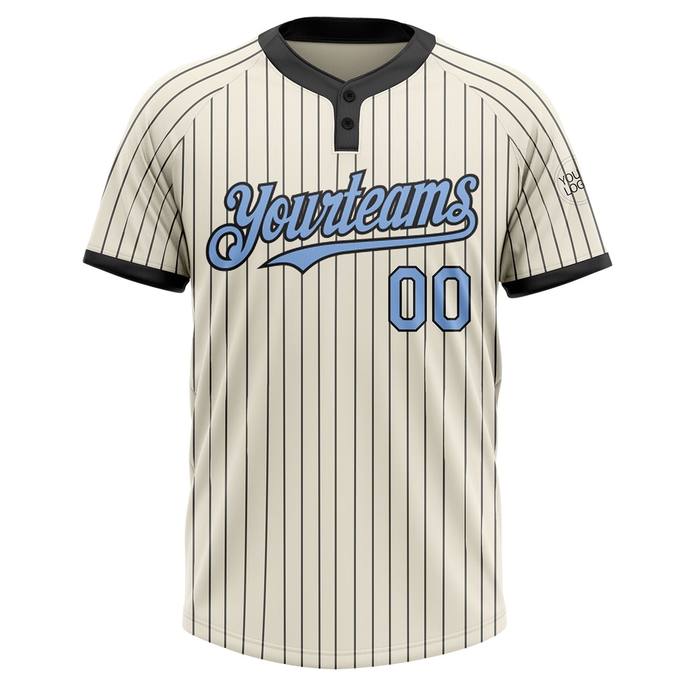 Cream Black Pinstripe Light Blue Two Button Unisex Softball Jersey, Custom Team Softball Jersey Cream Black Pinstripe Light Blue Two Button Unisex Softball Jersey, Custom Team Softball Jersey