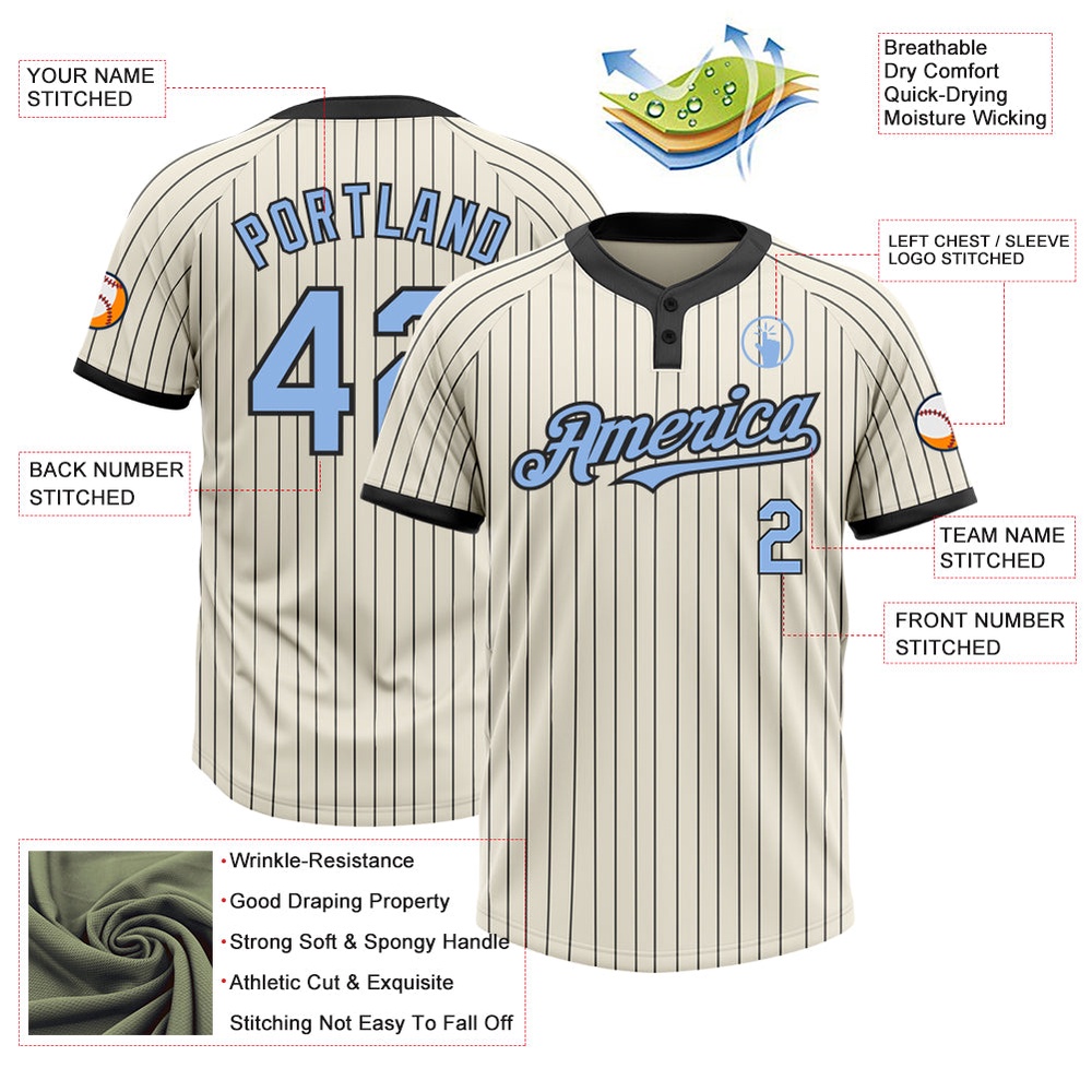 Cream Black Pinstripe Light Blue Two Button Unisex Softball Jersey, Custom Team Softball Jersey Cream Black Pinstripe Light Blue Two Button Unisex Softball Jersey, Custom Team Softball Jersey