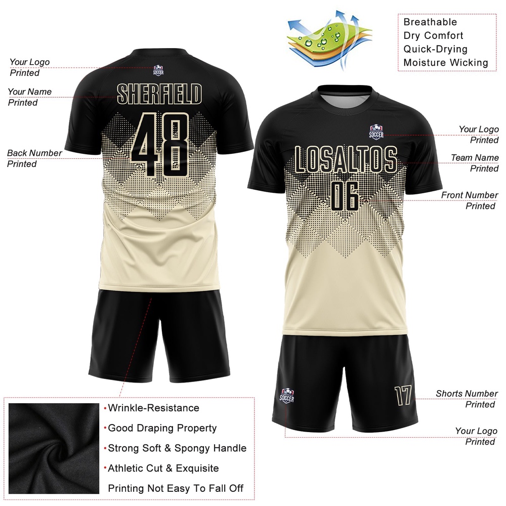 Cream Black Sublimation Soccer Uniform Jersey, Custom Team Soccer Jersey Shirt Cream Black Sublimation Soccer Uniform Jersey, Custom Team Soccer Jersey Shirt