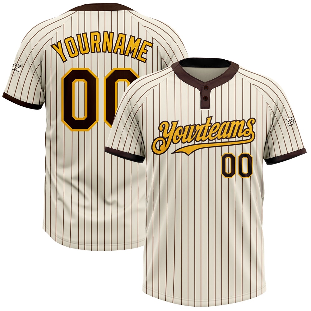 Cream Brown Pinstripe Gold Two Button Unisex Softball Jersey, Custom Team Softball Jersey