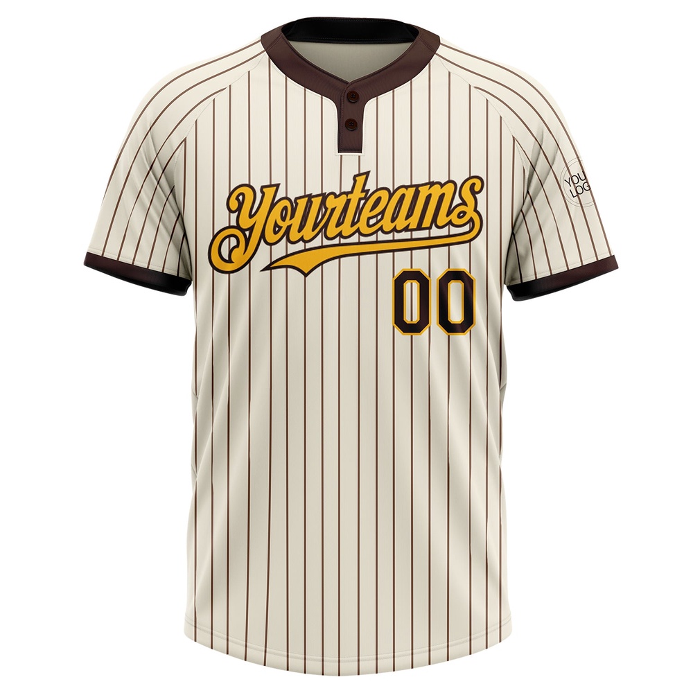 Cream Brown Pinstripe Gold Two Button Unisex Softball Jersey, Custom Team Softball Jersey
