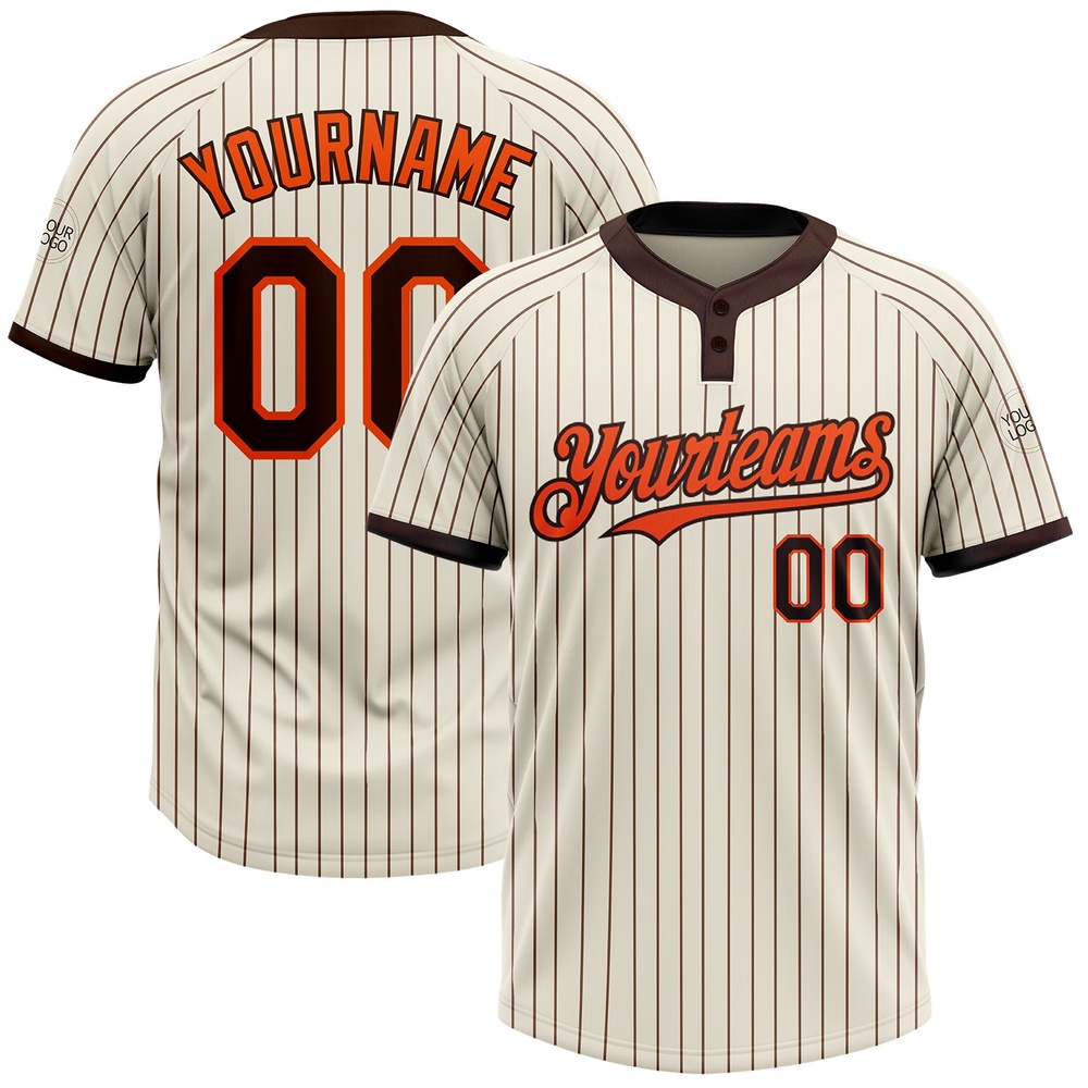 Cream Brown Pinstripe Orange Two Button Unisex Softball Jersey, Custom Team Softball Jersey