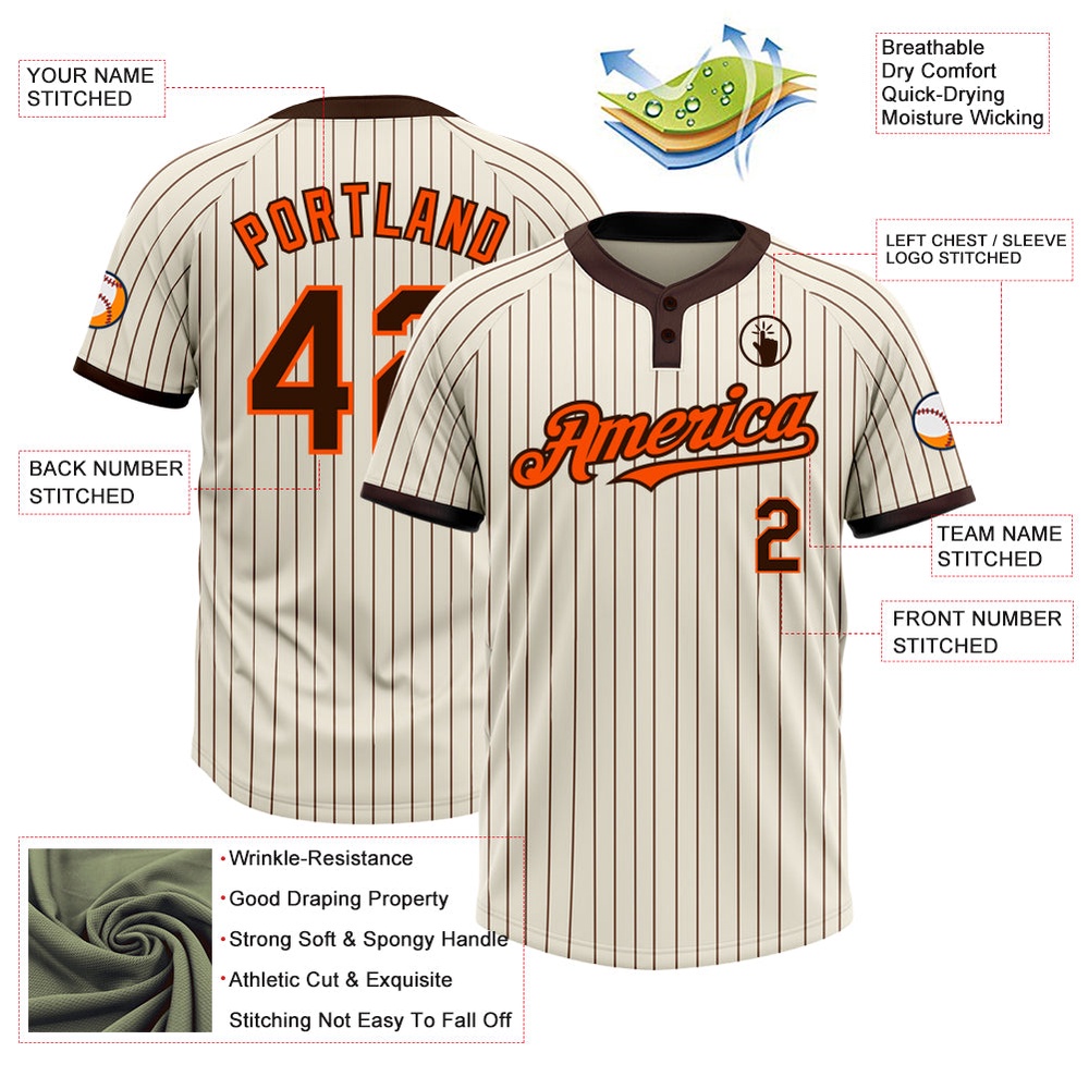 Cream Brown Pinstripe Orange Two Button Unisex Softball Jersey, Custom Team Softball Jersey