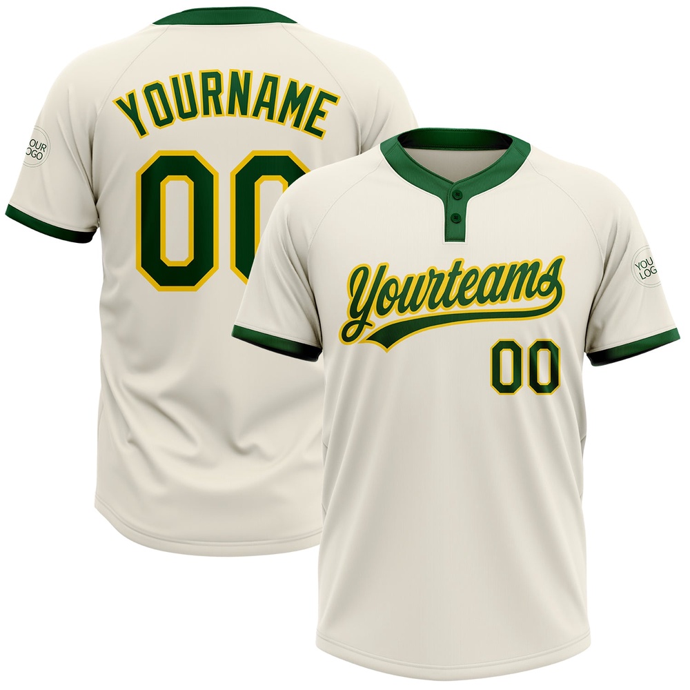 Cream Green Gold Two Button Unisex Softball Jersey, Custom Team Softball Jersey Cream Green Gold Two Button Unisex Softball Jersey, Custom Team Softball Jersey