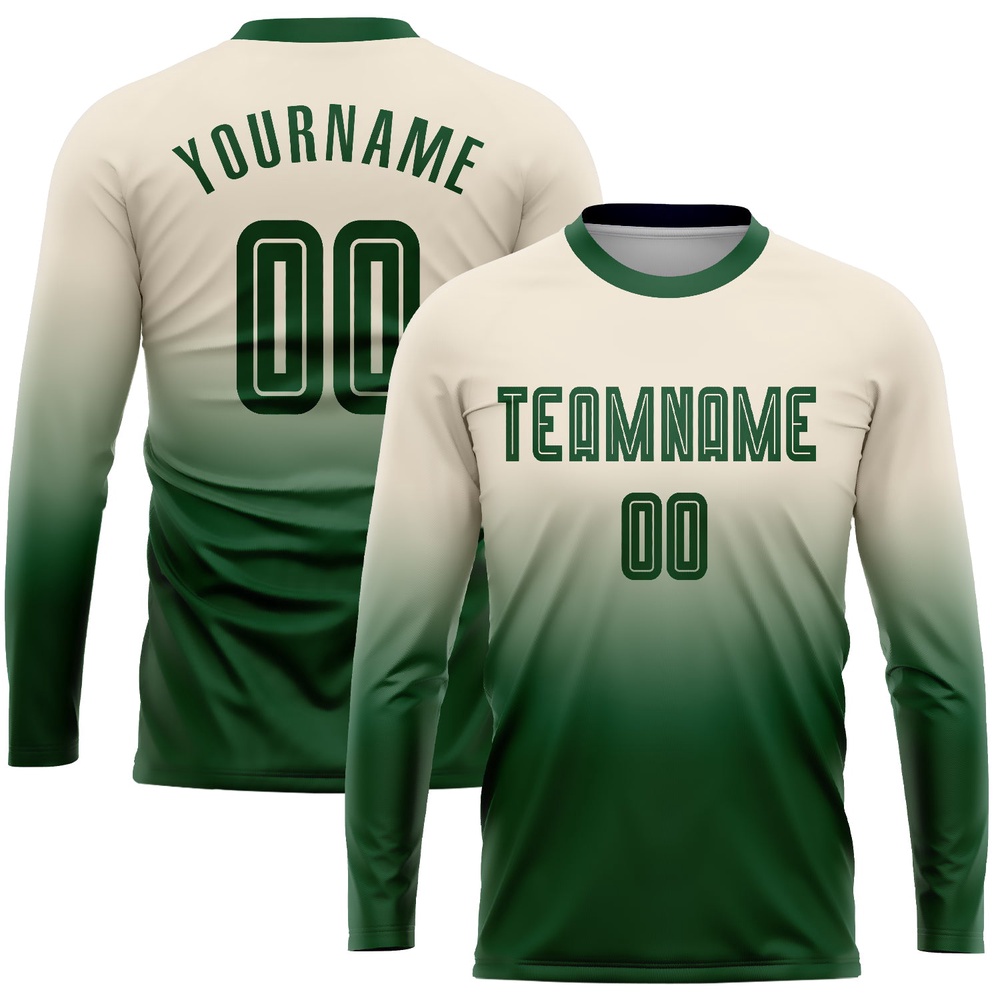 Cream Green Sublimation Long Sleeve Fade Fashion Soccer Uniform Jersey, Custom Team Soccer Jersey Shirt Cream Green Sublimation Long Sleeve Fade Fashion Soccer Uniform Jersey, Custom Team Soccer Jersey Shirt
