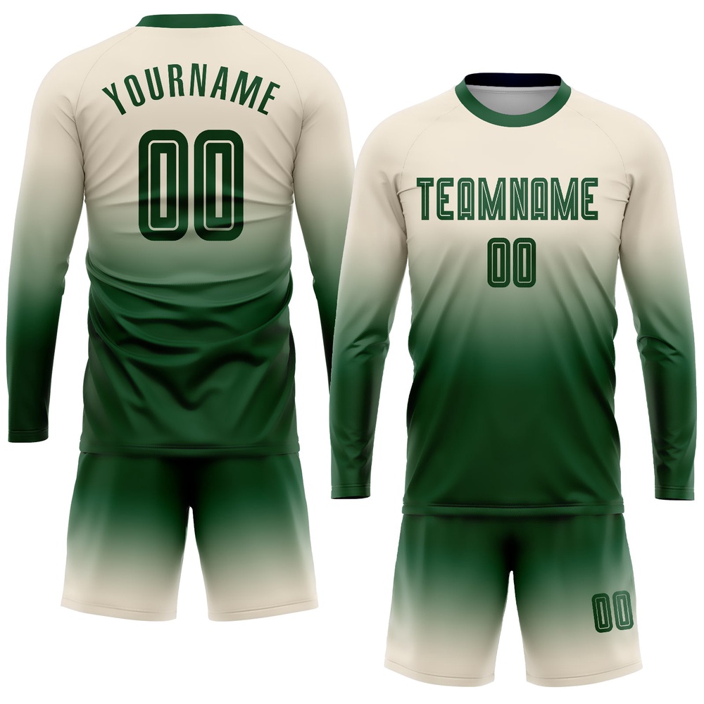 Cream Green Sublimation Long Sleeve Fade Fashion Soccer Uniform Jersey, Custom Team Soccer Jersey Shirt Cream Green Sublimation Long Sleeve Fade Fashion Soccer Uniform Jersey, Custom Team Soccer Jersey Shirt