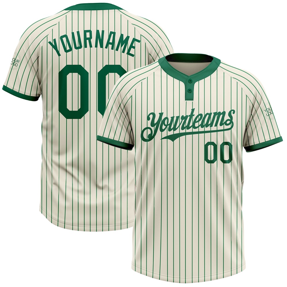 Cream Kelly Green Pinstripe Kelly Green Two Button Unisex Softball Jersey, Custom Team Softball Jersey Cream Kelly Green Pinstripe Kelly Green Two Button Unisex Softball Jersey, Custom Team Softball Jersey
