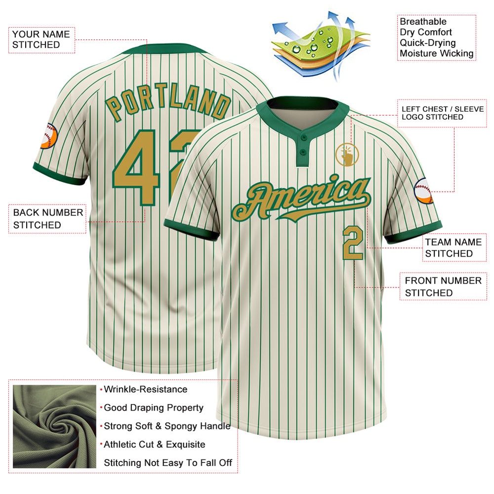 Cream Kelly Green Pinstripe Old Gold Two Button Unisex Softball Jersey, Custom Team Softball Jersey Cream Kelly Green Pinstripe Old Gold Two Button Unisex Softball Jersey, Custom Team Softball Jersey