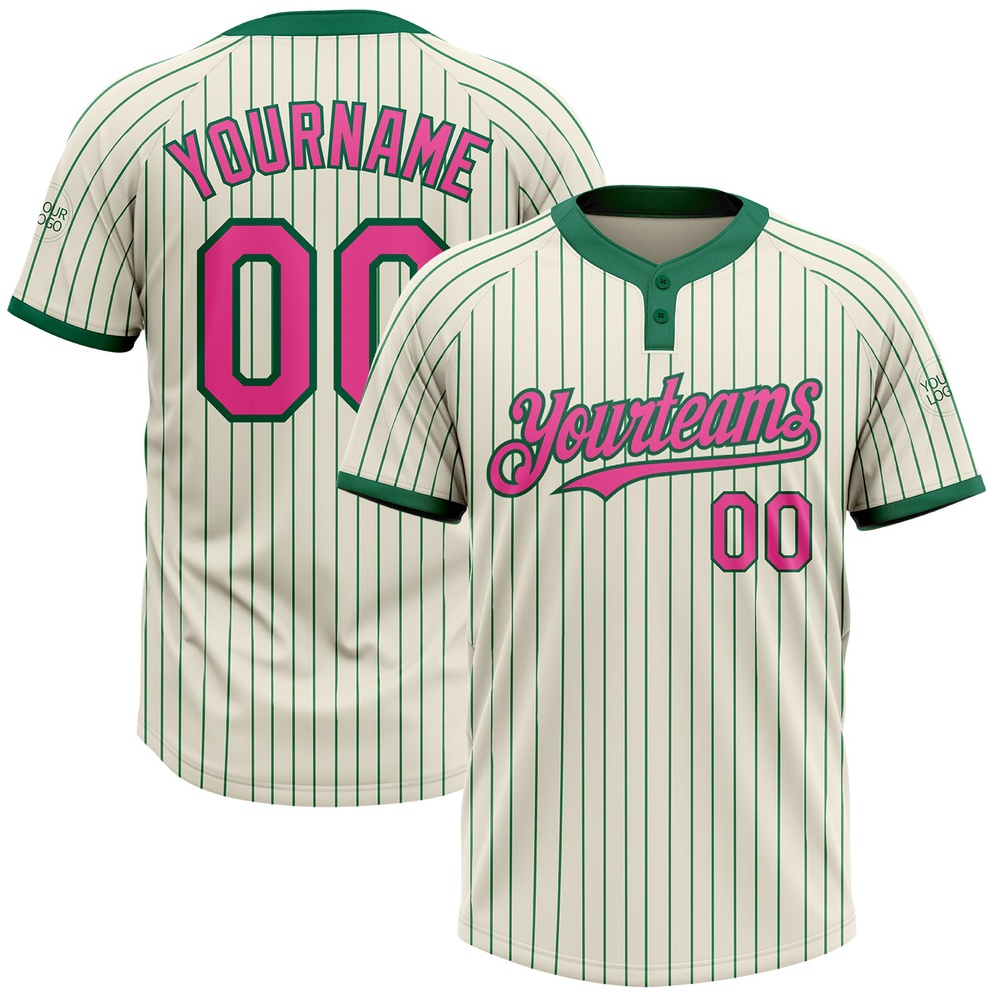 Cream Kelly Green Pinstripe Pink Two Button Unisex Softball Jersey, Custom Team Softball Jersey