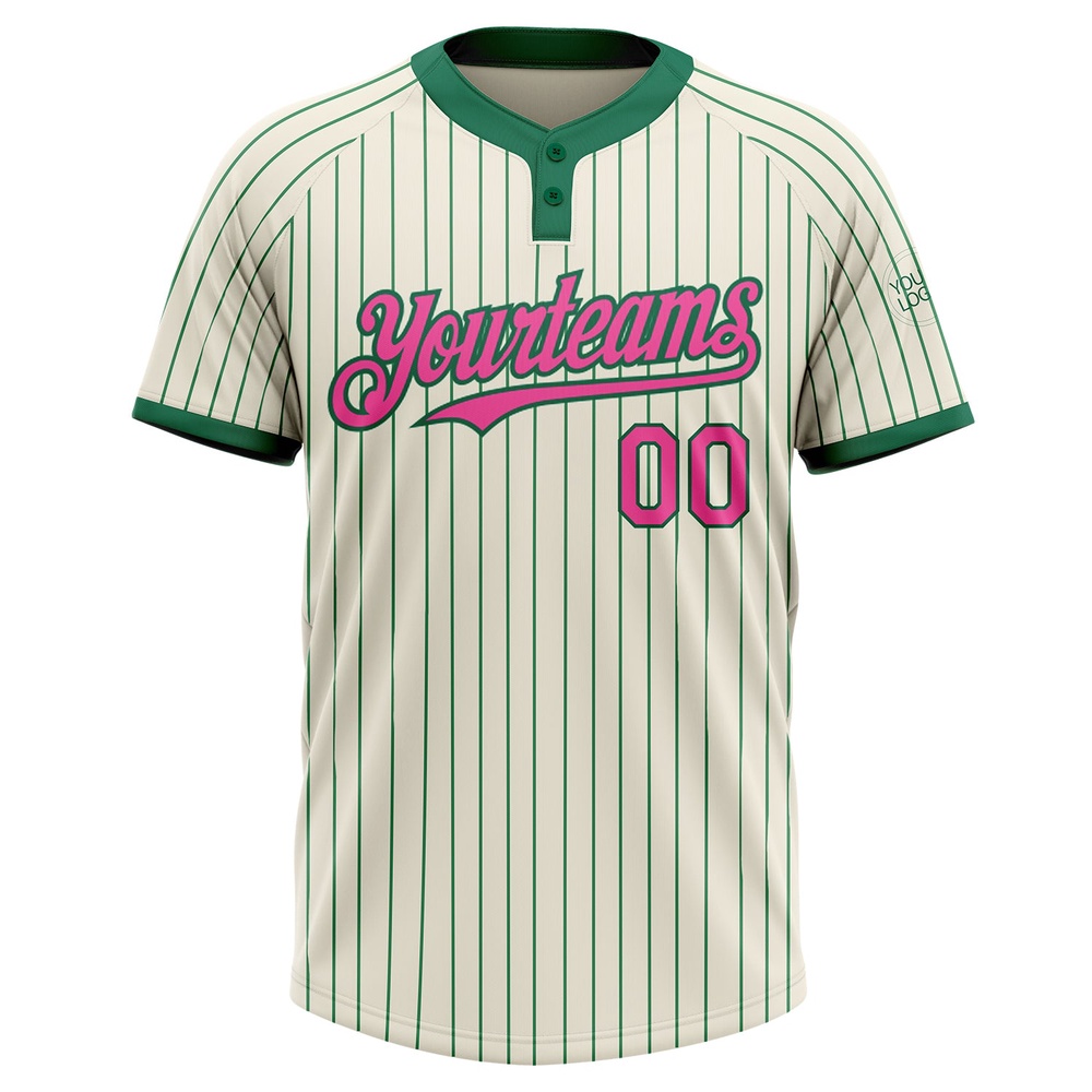 Cream Kelly Green Pinstripe Pink Two Button Unisex Softball Jersey, Custom Team Softball Jersey