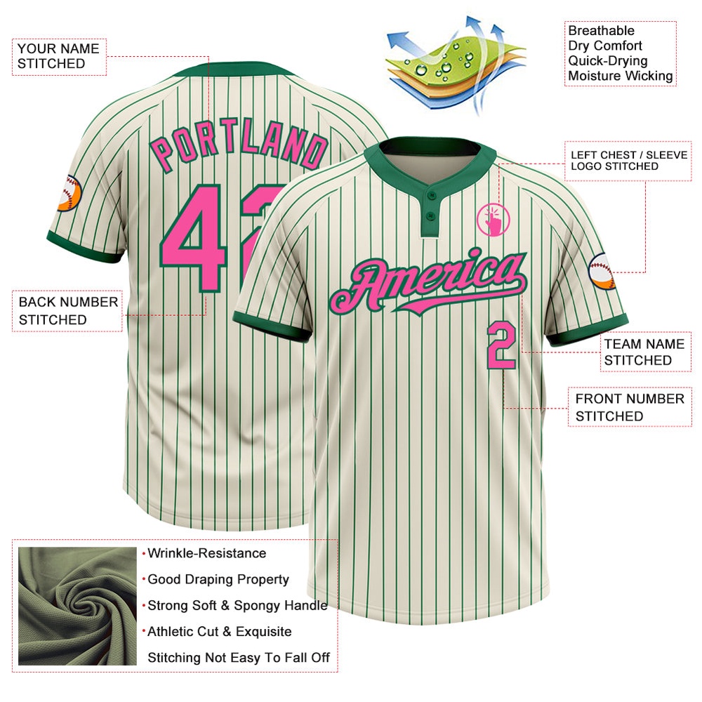 Cream Kelly Green Pinstripe Pink Two Button Unisex Softball Jersey, Custom Team Softball Jersey