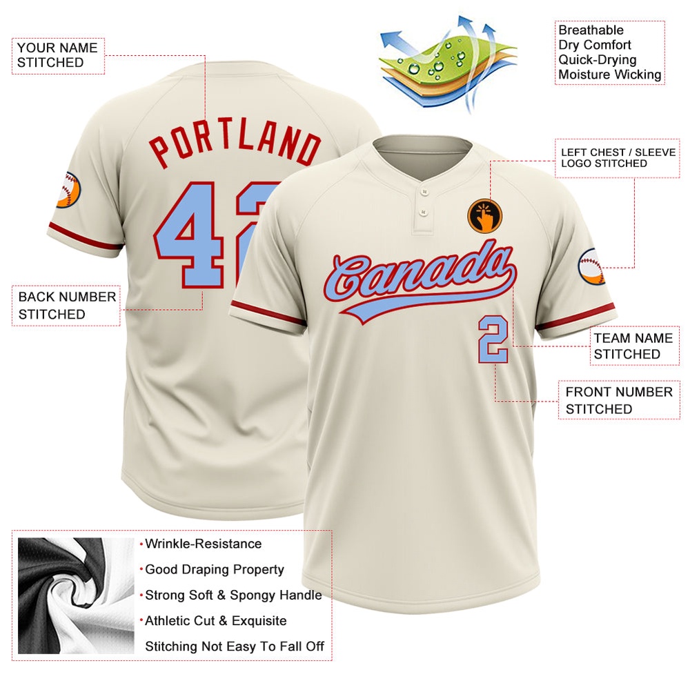 Cream Light Blue Red Two Button Unisex Softball Jersey, Custom Team Softball Jersey Cream Light Blue Red Two Button Unisex Softball Jersey, Custom Team Softball Jersey